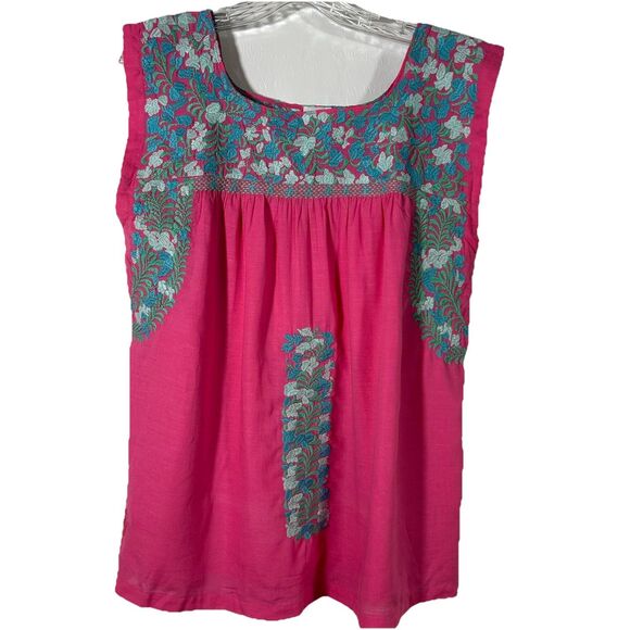 J Marie Hannah Floral Embroidered Linen Top Blouse Sz M Sleeveless Pink Blue - Picture 4 of 14